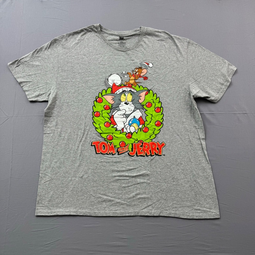 Tom and Jerry Christmas Wreath Graphic T-Shirt Gray XXL Mens Holiday Cartoon Tee